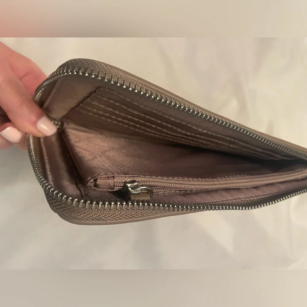 NWOT JOY Mangano Leather Wallet Wristlet With RFID Protection In Taupe
